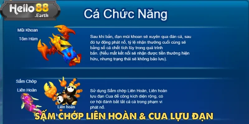 Nổ Cá Đến Rồi – Game Bắn Cá Hot Nhất Tại Hello88 3 Sấm chớp liên hoàn & cua lựu đạn là hiệu ứng diện rộng trong Nổ Cá Đến Rồi