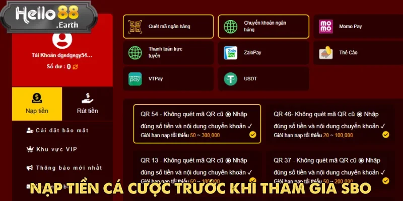 SBO Thể Thao - Sảnh Game Đỉnh Cao Nhất Thị Trường 2025 5 Tiến hành nạp tiền để bắt đầu đặt cược trong sảnh game SBO thể thao